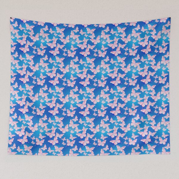 Item preview, Pink Butterflies With Blue Background #1 designed and sold by Unicorn Trainwreck.