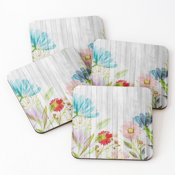 Item preview, Colourful painted flowers on rustic whitewashed wood designed and sold by Inktown.