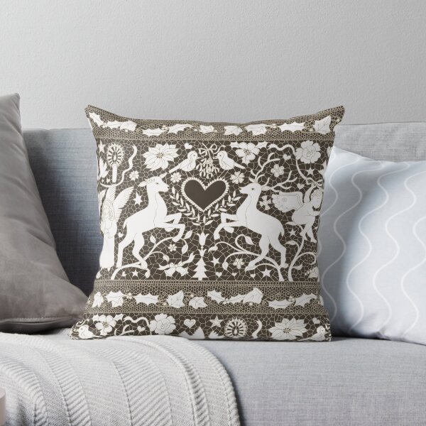 Antique Lace - Cream and Sepia - Traditional Christmas pattern by Cecca Designs Throw Pillow