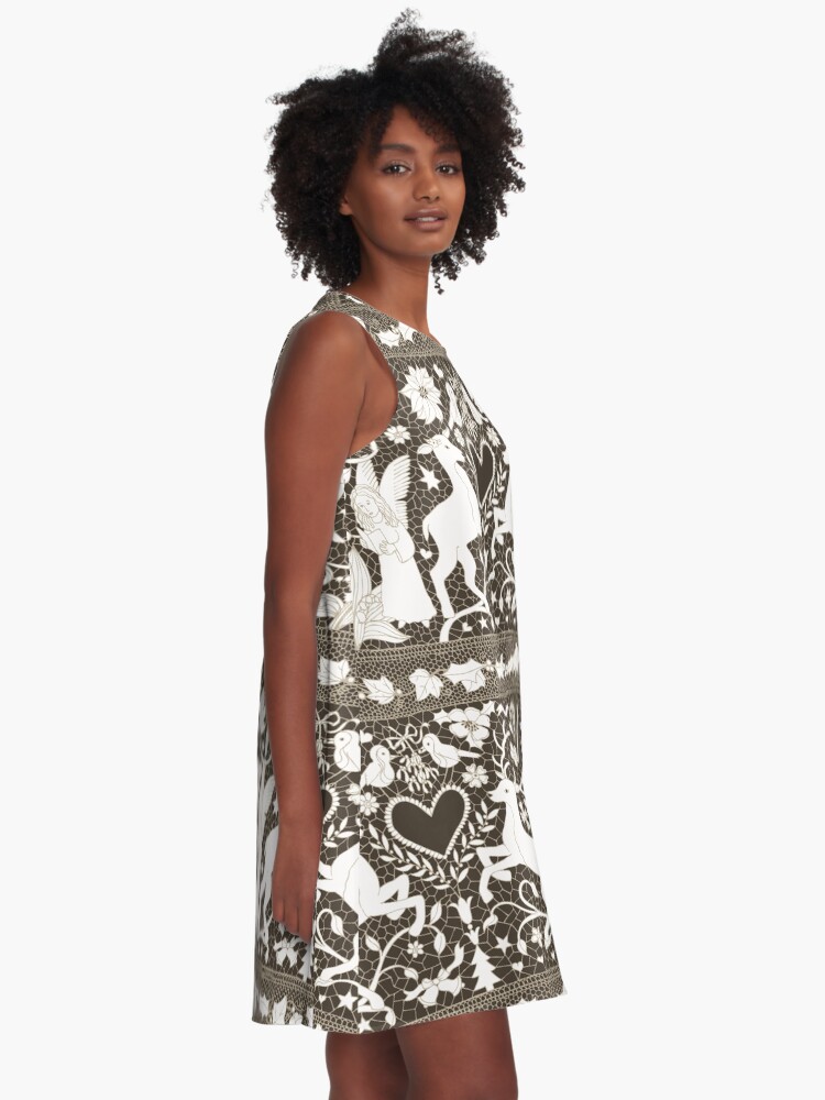 Alternate view of Antique Lace - Cream and Sepia - Traditional Christmas pattern by Cecca Designs A-Line Dress