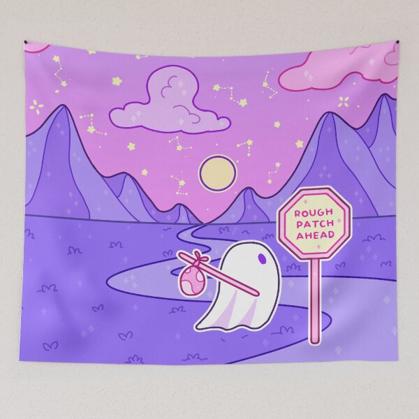 Item preview, a ghost reads a stop sign that says rough patch ahead designed and sold by Inkcapella.