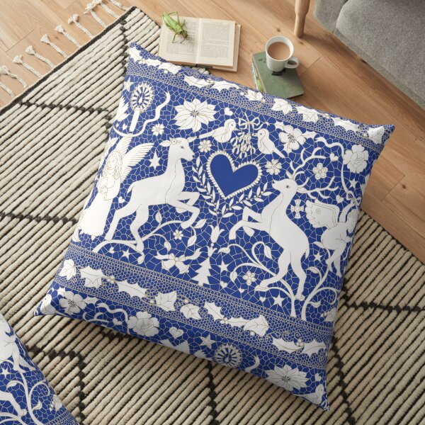Antique lace - blue and cream (Wedgewood) - Traditional Christmas pattern by Cecca Designs Floor Pillow