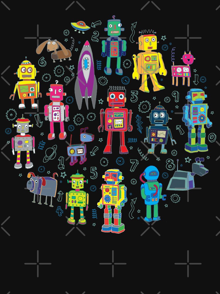 Thumbnail 5 of 5, Long T-Shirt, Robots in Space - grey - fun Robot pattern by Cecca Designs designed and sold by Cecca-Designs.