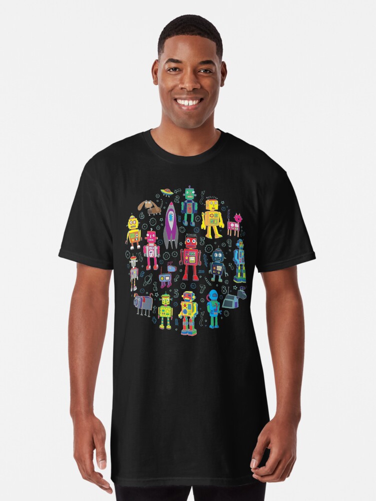 Thumbnail 1 of 5, Long T-Shirt, Robots in Space - grey - fun Robot pattern by Cecca Designs designed and sold by Cecca-Designs.