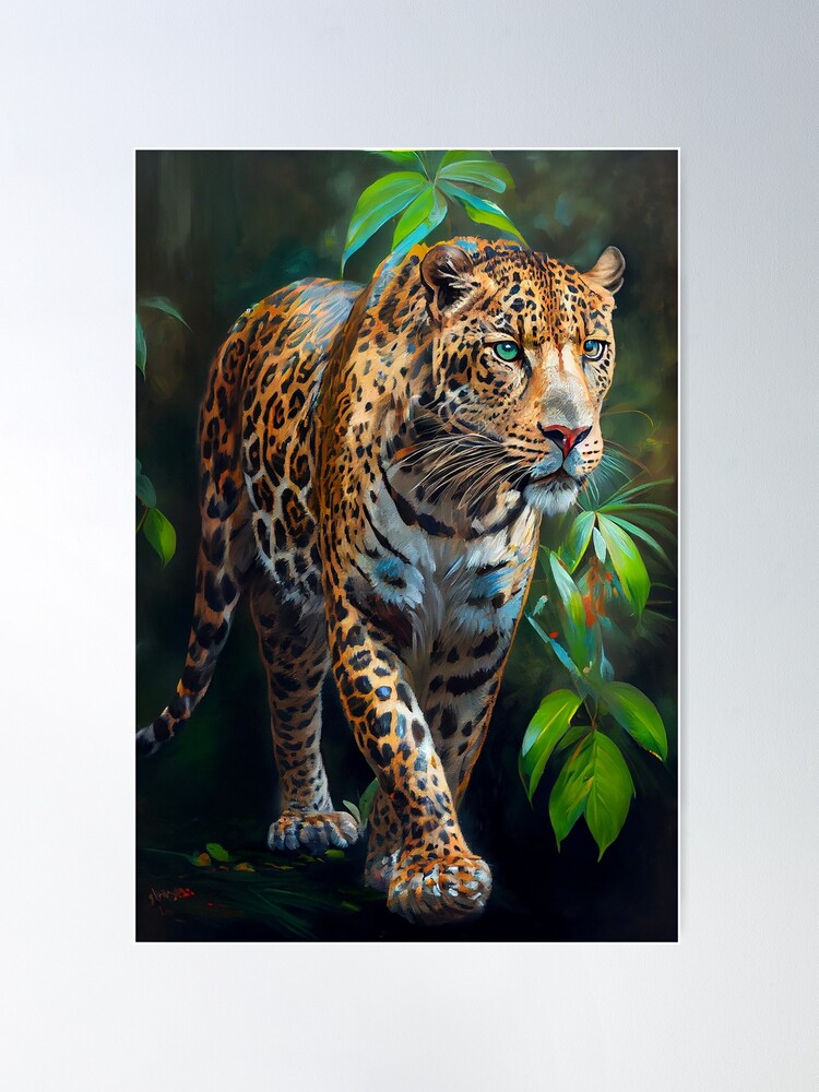 Acrylic outlet painting of jaguar lurking out of foilage