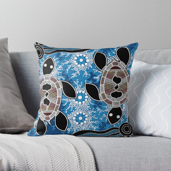 Authentic Aboriginal Art - Sea Turtles Throw Pillow