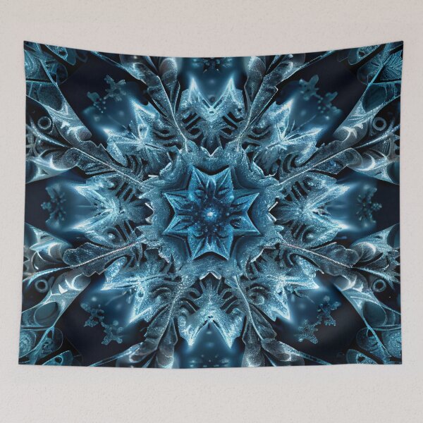 Aperçu de l'œuvre Dark Black and Blue Winter Snowflake Pattern Digital Painting créée et vendue par CodeAndColors.