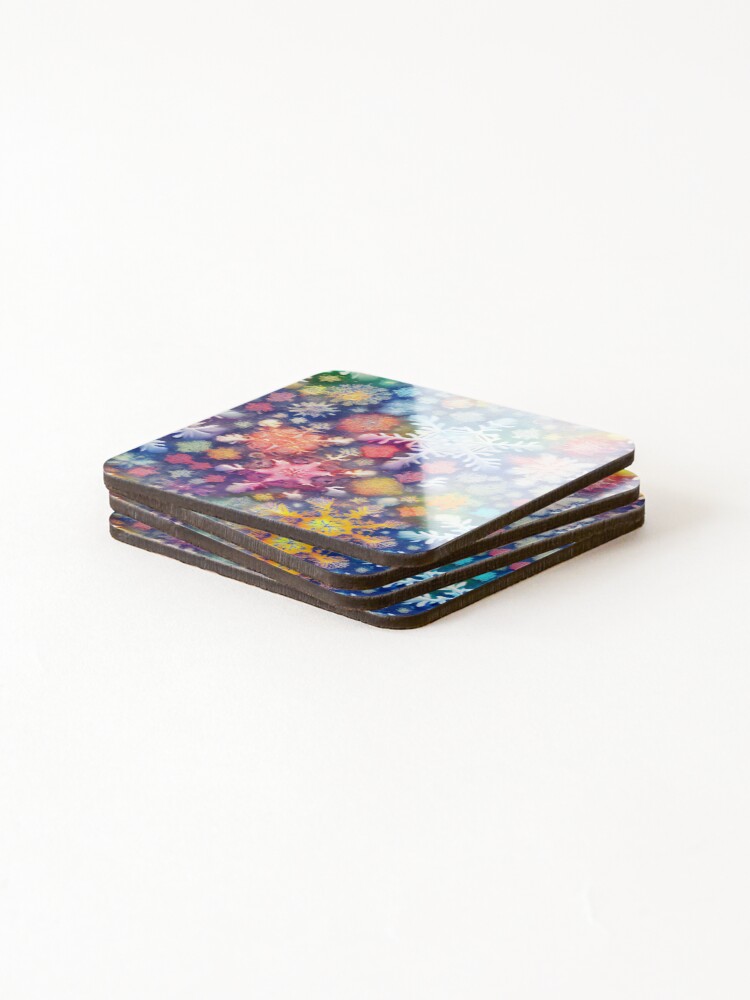 Thumbnail 4 of 5, Coasters (Set of 4), Abstract Colorful Snowfall Snowflake Pattern Digital Painting designed and sold by CodeAndColors.