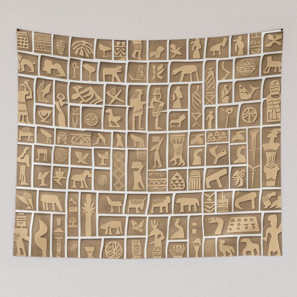 Item preview, Ancient Sumerian pictograms of olden people and creatures a yellow and brown pattern designed and sold by ArtifactVault.