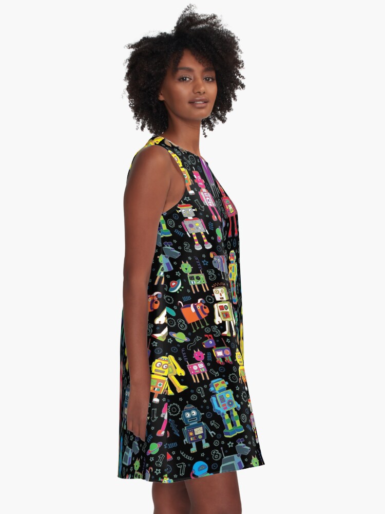 Alternate view of Robots in Space - black - fun pattern by Cecca Designs A-Line Dress