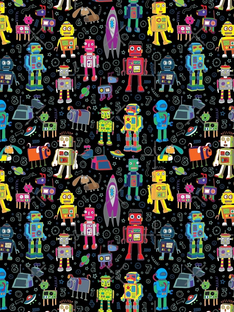 Robots in Space - black - fun pattern by Cecca Designs by Cecca-Designs