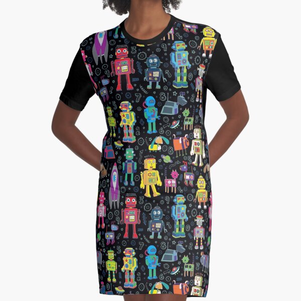 Robots in Space - black - fun pattern by Cecca Designs Graphic T-Shirt Dress