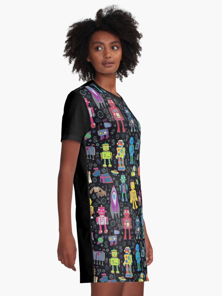 Alternate view of Robots in Space - black - fun pattern by Cecca Designs Graphic T-Shirt Dress