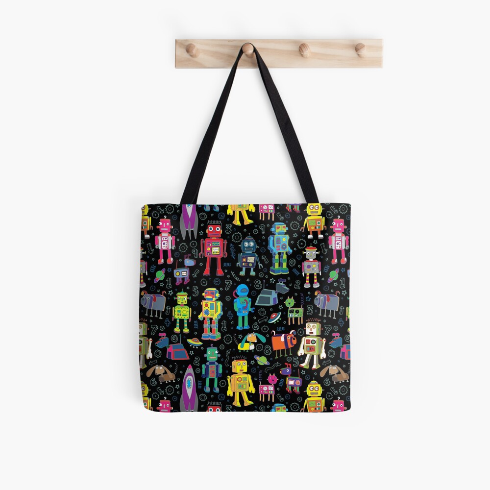 Robots in Space - black - fun pattern by Cecca Designs Tote Bag