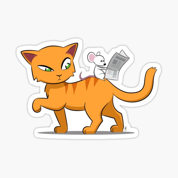 Cute Cat and Mouse Cartoon - Mouse Hitches a Ride On the Back of a Cat Sticker