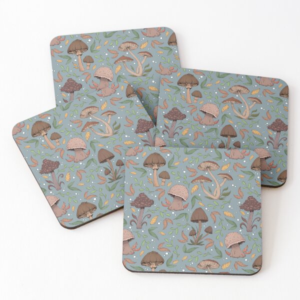 Item preview, Autumnal Mushroom and Leaf Pattern Tundra Blue designed and sold by Shymoon-Art.