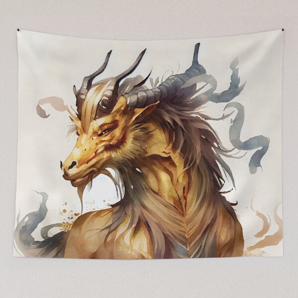 Item preview, Ancient Chinese Qilin Qirin  Gold and Beige Watercolor  designed and sold by CGSGraphics.