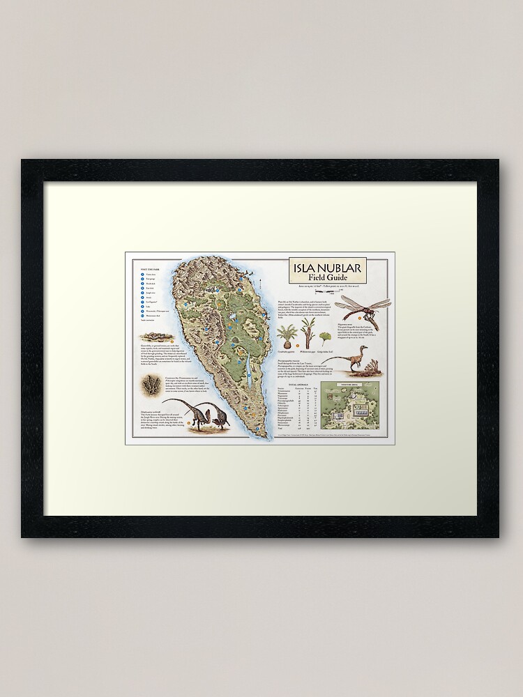 isla nublar field guide jurassic park map framed art print by last mapmaker redbubble