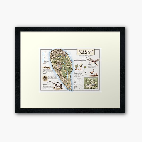Isla Nublar Field Guide - Jurassic Park map Framed Art Print