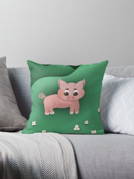 Cute Pink Piglet in a Field with Daisies Throw Pillow