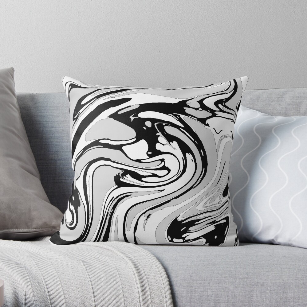 Black, White and Gray Graphic Paint Swirl Pattern Effect Throw Pillow