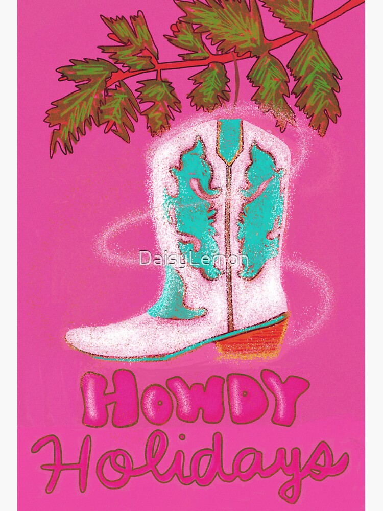 “Glittery Howdy Holidays Cowgirl,Boot Ornament " Sticker for Sale by