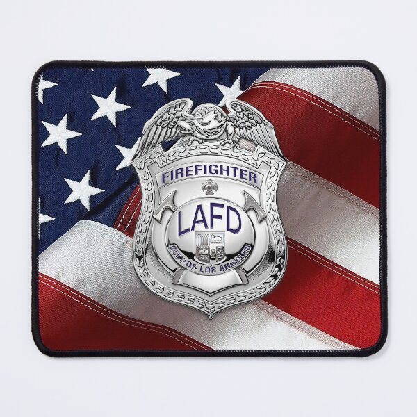 Item preview, Los Angeles Fire Department - LAFD Fire Fighter Badge over American Flag designed and sold by Serge Averbukh Art Studio.