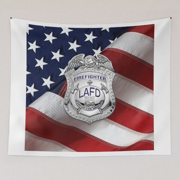 Item preview, Los Angeles Fire Department - LAFD Fire Fighter Badge over American Flag designed and sold by Serge Averbukh Art Studio.