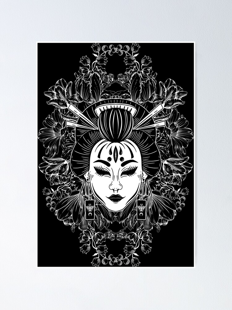 JAPONAIS GEISHA SPIRIT NOIR MYSTIQUE NOIR ET BLANC STYLE BAROQUE TATOO ART Poster