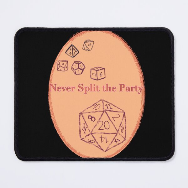Item preview, Never Split the Party Pink Text on Peach Badge - TTRPG designed and sold by jolabrese.