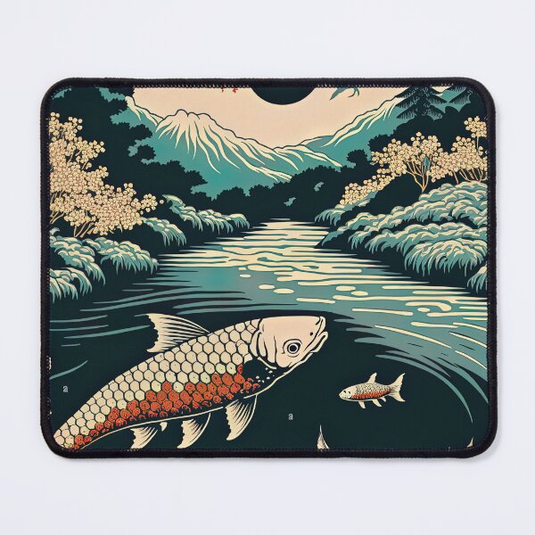 Item preview, Lake with Koi and Mountains, Japanese Woodblock Style designed and sold by loraleiffxi.