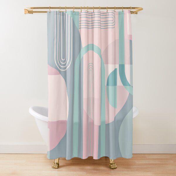 Abstract Mid Century In Pink And Aqua Shower Curtain For Sale By