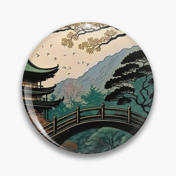 Item preview, Mount Fuji Streamwith Trees and Bridge, Woodblock Style designed and sold by loraleiffxi.
