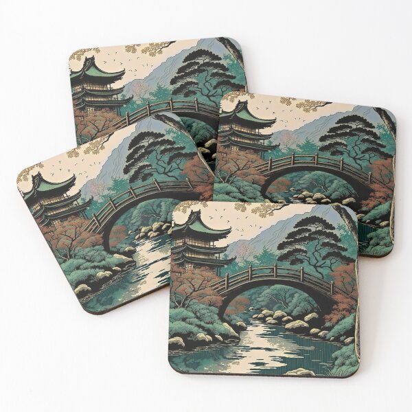 Item preview, Mount Fuji Streamwith Trees and Bridge, Woodblock Style designed and sold by loraleiffxi.