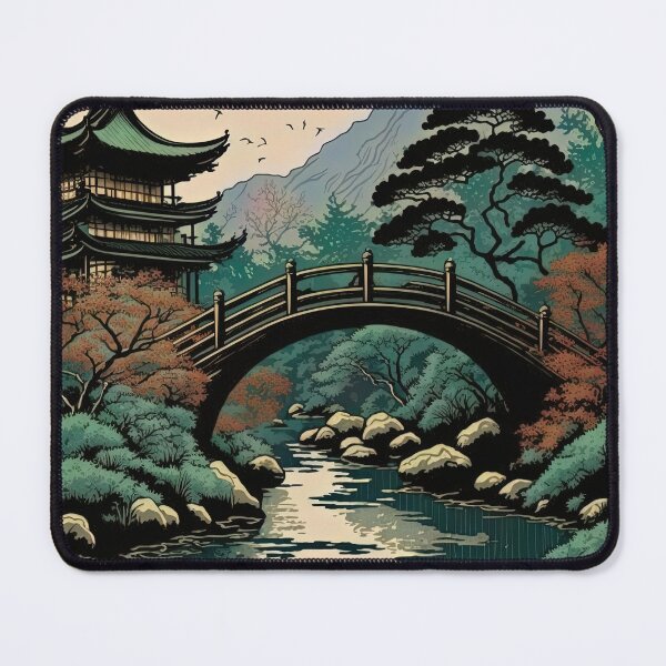 Item preview, Mount Fuji Streamwith Trees and Bridge, Woodblock Style designed and sold by loraleiffxi.