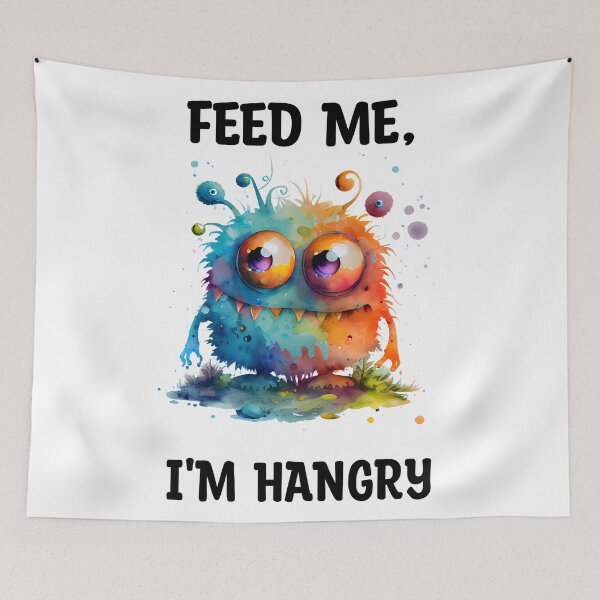Item preview, Feed Me I'm Hangry Cute Watercolor Bright Blue and Orange Colors Monster  designed and sold by CGSGraphics.