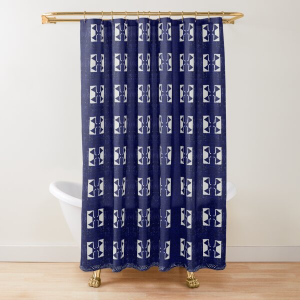 Blue and White, Indigo Vintage Bohemian Traditional Berber Moroccan Symbols Handmade Fabric Style Shower Curtain