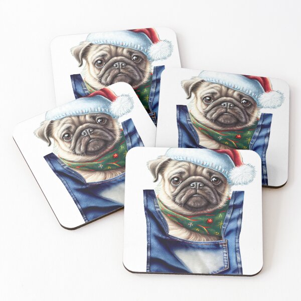 Artikelvorschau, Haustier-Mops-Hund, der aus einer Tasche in Sankt-Weihnachten herausspäht entworfen und verkauft von Rocky Mountain Artistry.