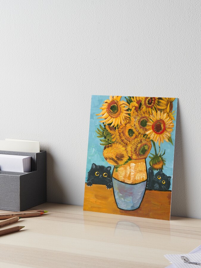 Thumbnail 1 of 2, Art Board Print, Cats Playing With Sunflowers designed and sold by kilkennycat.