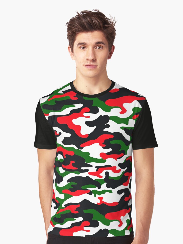Black White Green and Red Pattern Christmas Camo Graphic T-Shirt
