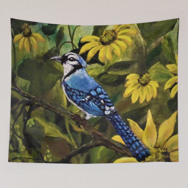 Item preview, Blue Jay Bird in Flowers Painting designed and sold by KVELKY.
