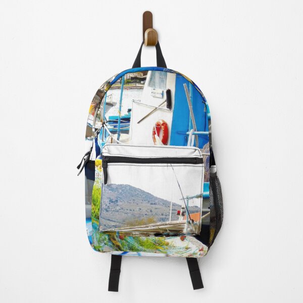 Item preview, Blue and White Greek Fishing Boat, Kassiopi Harbour Corfu Greece designed and sold by nickbrayimages.