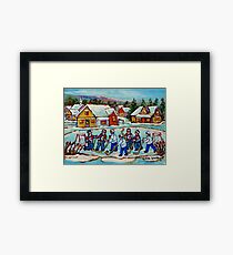 HOCKEY STICKS AT VILLAGE ICE RINK COUNTRY HOCKEY GAME CANADIAN WINTER SCENE PAINTING Framed Print