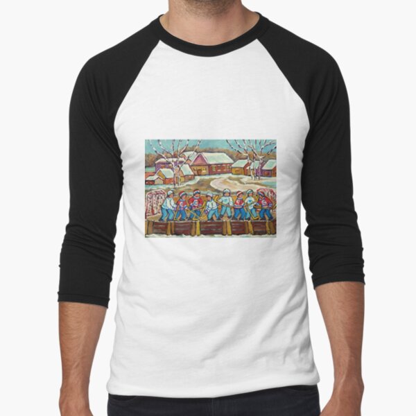 Hockey Sticks At Village Ice Rink Country Hockey Game Canadian Winter Scene Painting T Shirt By Carolespandau Redbubble