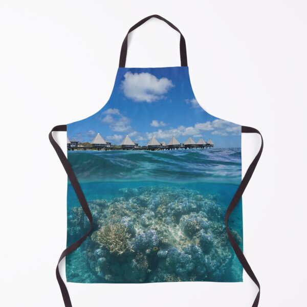 Item preview, Corals underwater in the ocean and resort with overwater bungalows designed and sold by Seaphotoart.