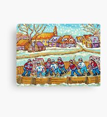 SNOW FALLING ON HOCKEY RINK PAINTING LAURENTIAN VILLAGE SCENE QUEBEC LANDSCAPE ART Canvas Print