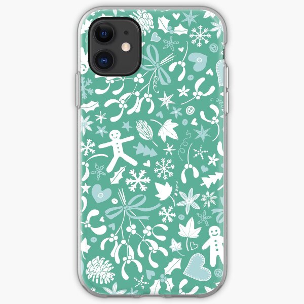 Mistletoe and Gingerbread Ditsy - Ice blue and teal - Christmas Pattern by Cecca Designs iPhone Soft Case