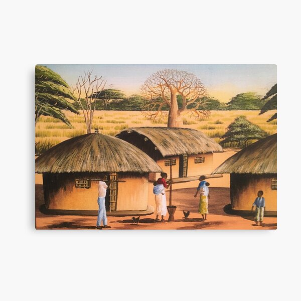 Pair of Vintage African oil on canvas paintings, Villages with