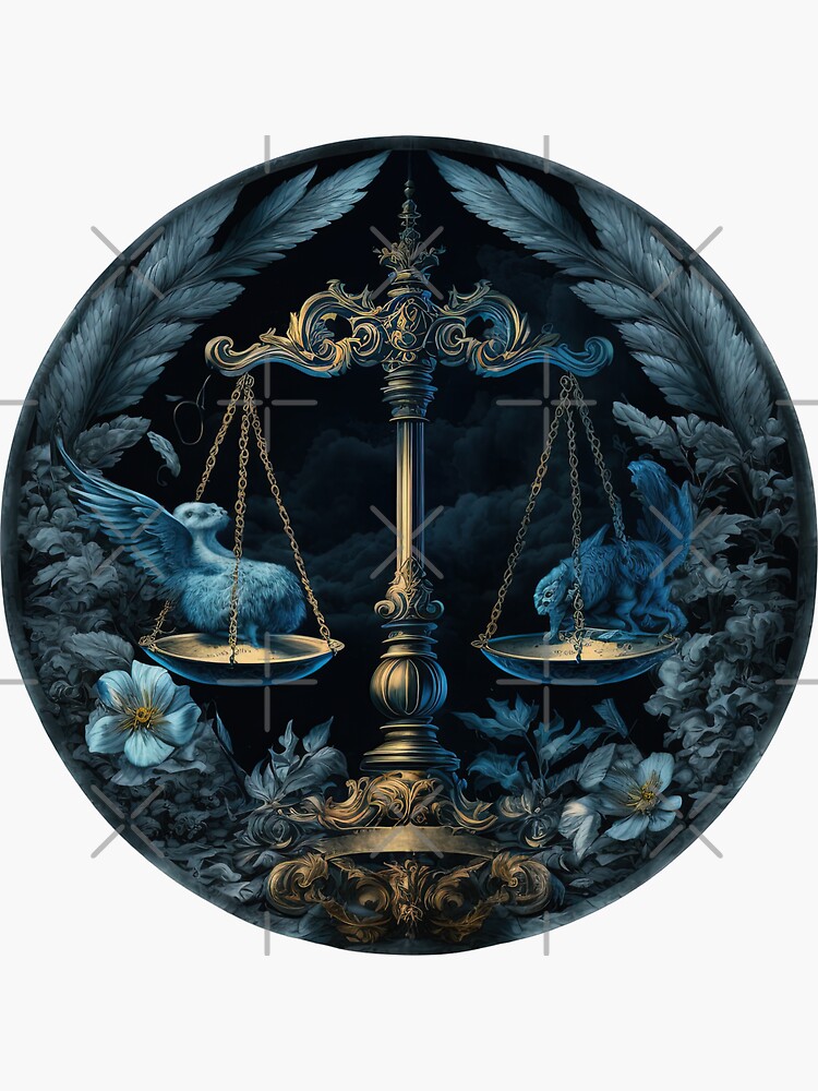 "Libra scales on blue with flowers, leaves and animals" Sticker for