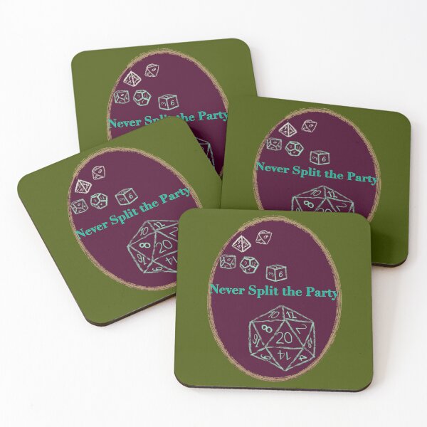 Item preview, Never Split the Party Green Text on Burgundy Badge - TTRPG designed and sold by jolabrese.
